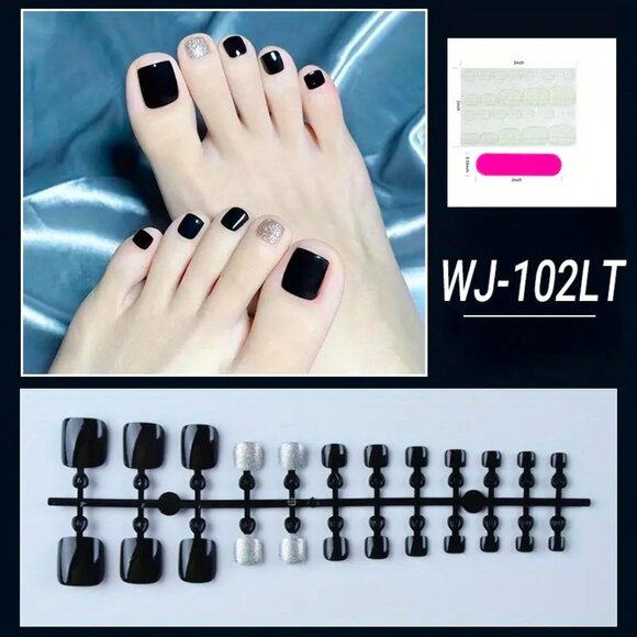 24 Deep Black Silver Glitter Nails Press On Toenails Short Style Kit Fake Glossy - Picture 1 of 4